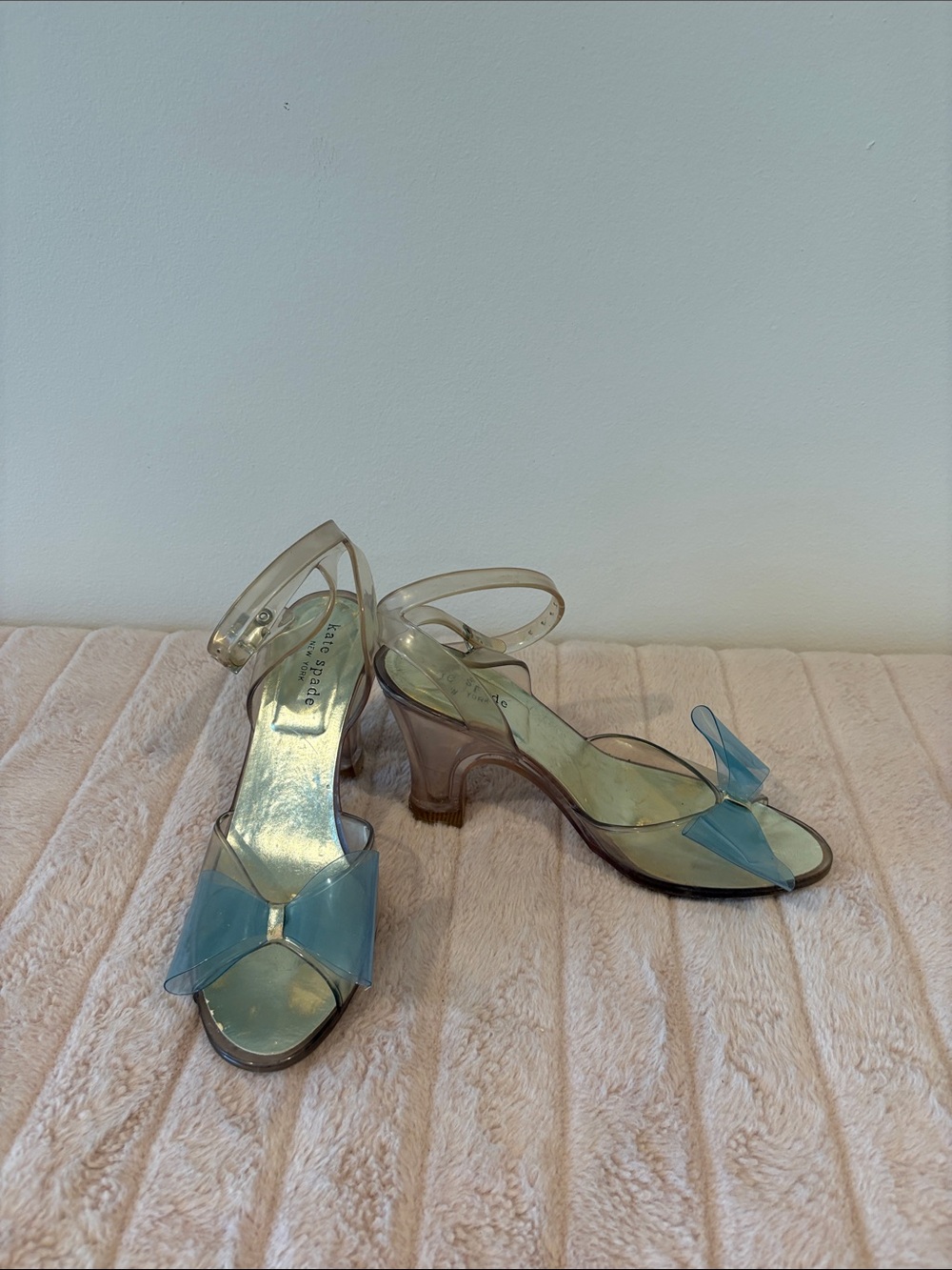 Vintage kate spade Jelly Clear Sandal Heels with Blue Bow Accents